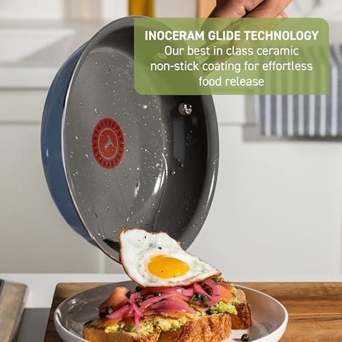T-Fal Preserve Ceramic Nonstick Frying Pan 2-Pc Set, 8.5" & 11", Oven Broiler Safe up to 350°F Cookware, InoCeram Glide Technology, Frying Pan Skillet, Pots & Pans, Blue