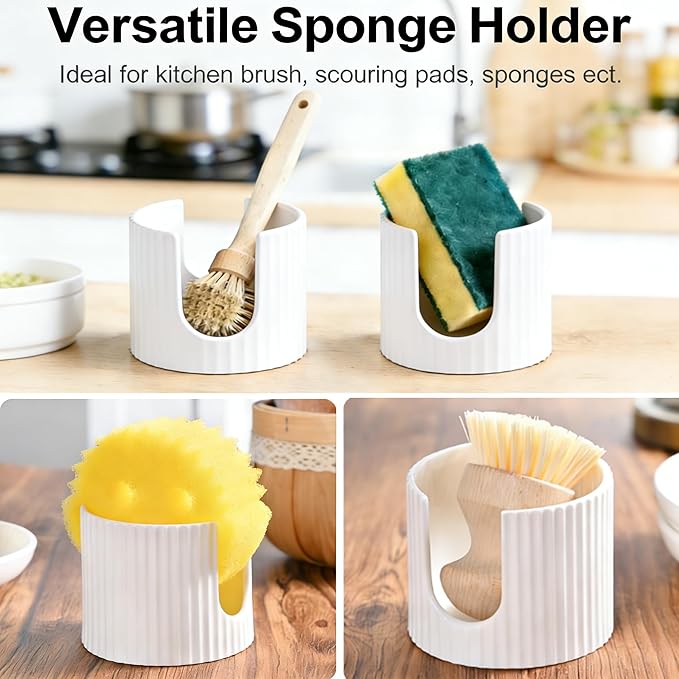 Ceramic Sponge Holder for Kitchen Sink - Dishwasher Safe Porcelain Dish Sponge Caddy Minimalist Vertical Stripes, Scrub Daddy Drying Rack for Countertop, Bathroom, Kitchen Sink Organizer, White