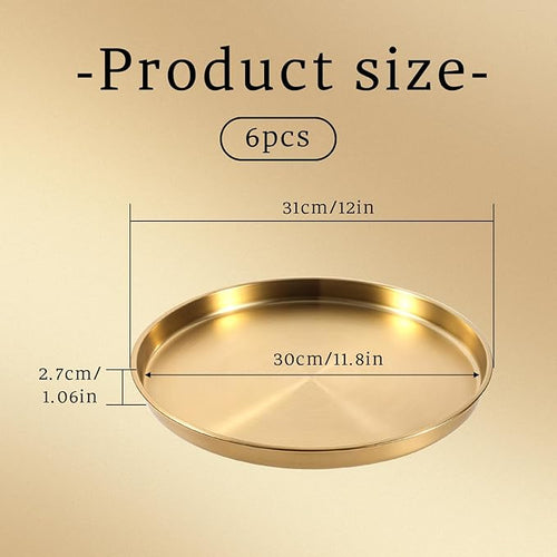 6 Pcs 12 Inch Gold Round Serving Tray, Gold Tray Serving Platter, Stainless Steel Circle Decorative Vanity Coffee Table Trays, Jewelry Makeup Organizer, Metal Decor Dishes