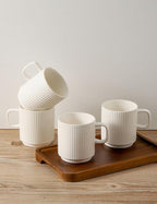 Ceramic Coffee Mugs Set of 4, Ribbed Tea Coffee Cups Set with Handle, Large Porcelain Mug for Americano, Latte, Cappuccino, Hot Chocolate, White