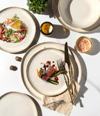 GBHOME Stoneware Dinnerware Sets for 4, 12 Pieces Rustic Ceramic Plates and Bowls Set, Handmade Reactive Glaze Plate Sets, Highly Chip Resistant Dishes, Microwave & Dishwasher Safe, Antique White