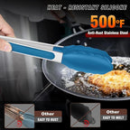 Walfos Kitchen Tongs - 7" 9" and 12" Heat Resistant Food tongs, Thickened Stainless Steel and BPA Free Silicone Tips, Great for Cooking, Grilling, Turning, Dishwasher safe(3 blue silicone tongs)