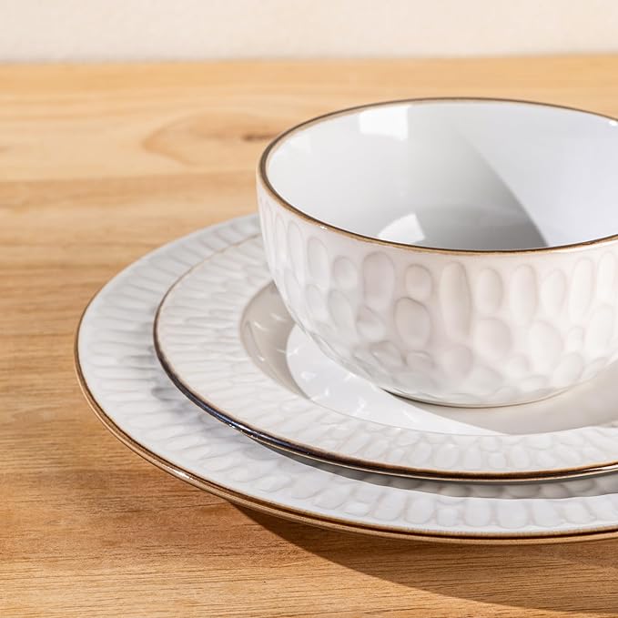 GBHOME Ceramic Dinnerware Sets,12 pcs Embossed Elegant Stoneware Plates and Bowls Sets, Housewarming Wedding Gift | Dishwasher & Microwave Safe | Dishes Set Service for 6