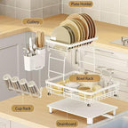 Small 2 Tier Dish Drying Rack, Space Saving Dish Racks for Kitchen Counter, Kitchen Organizer Dish Drainer with Cutlery Holder for Spoons and Forks, 11''W x 15''L, White