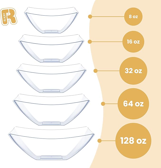 R-kay 6 Pack Square Plastic Serving Bowls - Clear Plastic bowls 32 Oz - Salad Bowls Large Serving, Premium Duty For Weddings Catering And Birthday parties