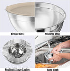 ENVTEK 7-Piece Stainless Steel Mixing Bowls Set with Lids & 3 Grater Attachments – Size 4.5, 4, 3.5, 2.1, 1.5, 1.1, 0.7QT, Kitchen Gadgets Set for Cooking, Baking, and Serving, Khaki