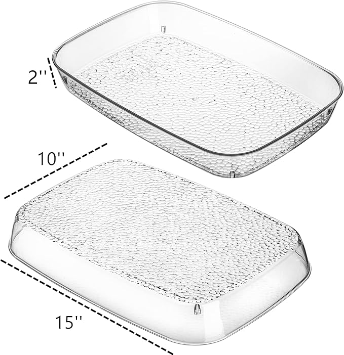 Lyellfe 4 Pack Clear Serving Tray, 15 x 10 Inch Deep Serving Platter, Spill Proof Decorative Coffee Table Perfume Tray for Bathroom, Dining Table, Vanity Cabinet