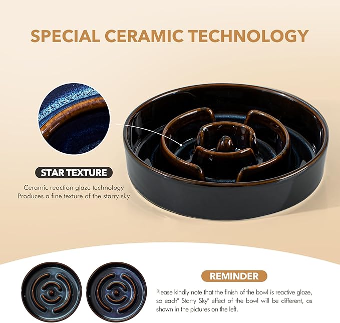 Havniva Ceramic 1.6 Cup Raised Slow Feeder Dog Bowl Set, Elevated Acacia Wood Stand for Medium and Large Dog, 8.2inch Slow Dish, Stop Bloat(Single Bowl+ Stand, Starry Sky)