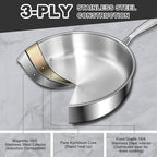 EWFEN 12 Inch Tri-Ply Stainless Steel Frying Pan, Compatible with All Cooktops Up to 600℉, Large Frying Pan with lids, Induction-Ready Skillet, Dishwasher and Oven Safe, Even Heat, 12" Pan+Handle+Lid