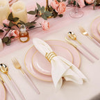 DaYammi 150Pcs Pink Plastic Plates with Gold Rimmed,Heavy Duty Plastic Plates - Pink Disposable Plate Included 30 Dinner plate,30 Dessert plate,30 Knives,30 Forks,30 Spoons for Mother's Day Party