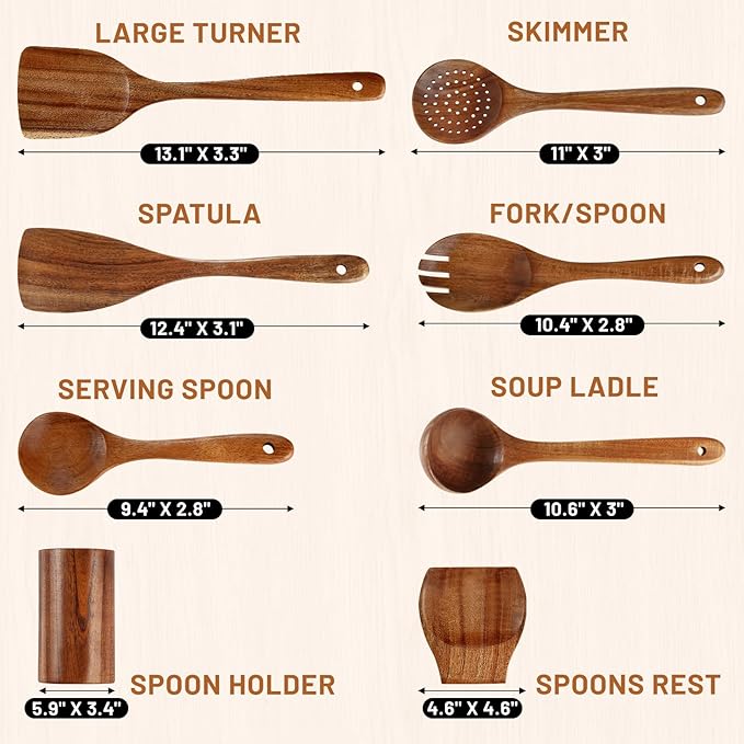 Unokit Cooking Utensils Set for Kitchen - 8 Piece Nonstick Natural Teak Wooden Spoons for Cooking, Comfort Grip Kitchen Utensils Set, Teak Wooden Utensil Set with Holder and Spoon Rest