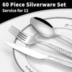 60 Piece Silverware Set for 12, Amafox Stainless Steel Hammered Flatware Set, Kitchen Utensil Cutlery Silverware Set Include Fork Spoon Knife, Mirror Finished Silverware Sets, Dishwasher Safe