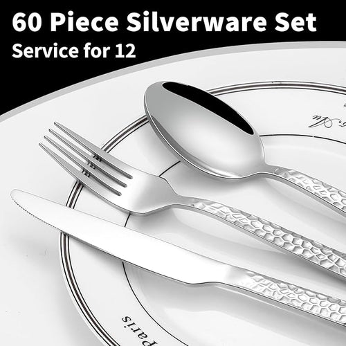 60 Piece Silverware Set for 12, Amafox Stainless Steel Hammered Flatware Set, Kitchen Utensil Cutlery Silverware Set Include Fork Spoon Knife, Mirror Finished Silverware Sets, Dishwasher Safe