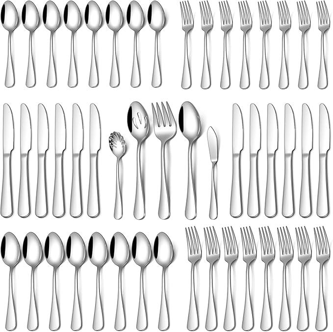 Silverware Set for 8, 45 Piece Food-Grade Stainless Steel Flatware Set with Hostess Serving Utensil Set, Mirror Polished Cutlery Set for Home Kitchen Restaurant, Dishwasher Safe