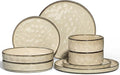 E-far 8-Piece Plates and Bowls Sets with Pasta Bowls - Stoneware Dinnerware Set for 2, Modern Ribbed Dishes, Microwave & Dishwasher Safe, Sandy Khaki