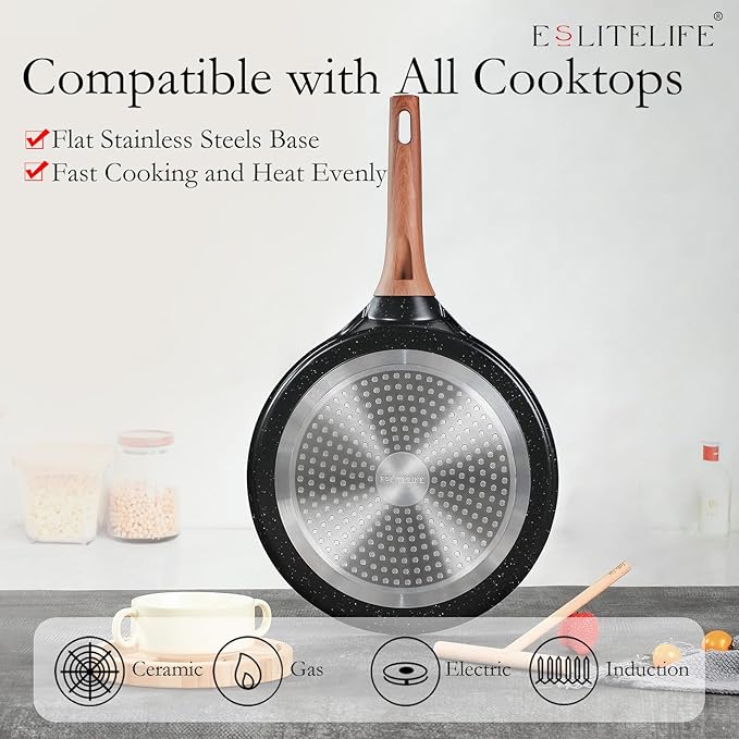ESLITE LIFE 9.5 Inch Crepe Pan with Spreader, Nonstick Granite Coating Dosa Pan, Roti Tawa Comal Para Tortillas Pancake Griddle Pan, Induction Compatible, PTFE & PFOA Free, Black (Pack of 2)