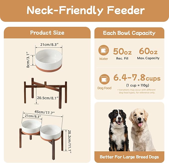Havniva Ceramic 8.2inch Raised Double Dog Bowls Set with Acacia Wood Stand, Food & Water Bowls for Large Breed Dogs, Weighted Pet Dishes(60oz, Vanilla White)