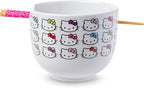 Silver Buffalo Sanrio Hello Kitty Face with Different Color Bows Pattern Ceramic Ramen Noodle Rice Bowl with Chopsticks, Microwave Safe, 20 Ounces