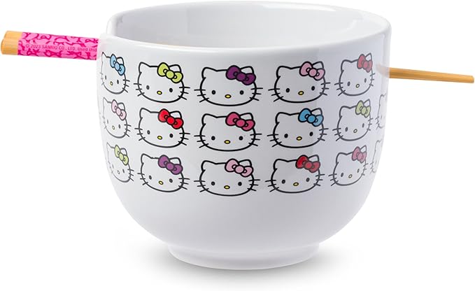 Silver Buffalo Sanrio Hello Kitty Face with Different Color Bows Pattern Ceramic Ramen Noodle Rice Bowl with Chopsticks, Microwave Safe, 20 Ounces