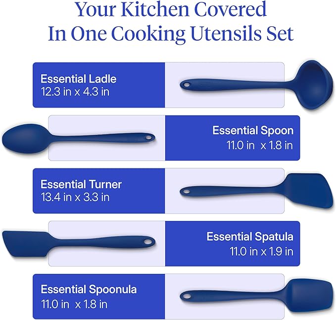 GIR 5-Piece Silicone Kitchen Utensils Set, Non-Toxic Cooking Utensils for Cooking and Baking, Heat Resistant, Food Grade, Dishwasher Safe Rubber Spatula, Ladle, Spoon - Royal Blue