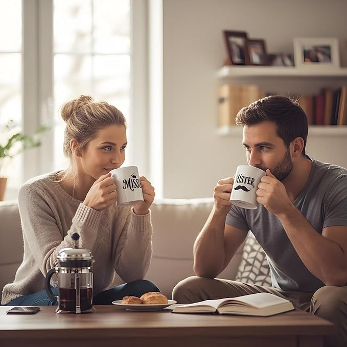 Couples Mug Set“Mister & Missus” Ceramic Coffee Mugs Set of 2, His & Hers Gift Set with Hot Coco Mix & English Breakfast Tea Gift Boxed for Anniversary, Wedding or Valentine’s Day Present