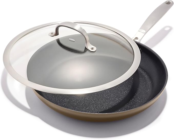 OXO Enhanced 12” Nonstick Frying Pan Skillet with Lid, Ceramic PFAS-Free Cookware, Stainless Steel Handle, Eggs & Omelets, Dishwasher & Oven Safe, Biscuit Brown