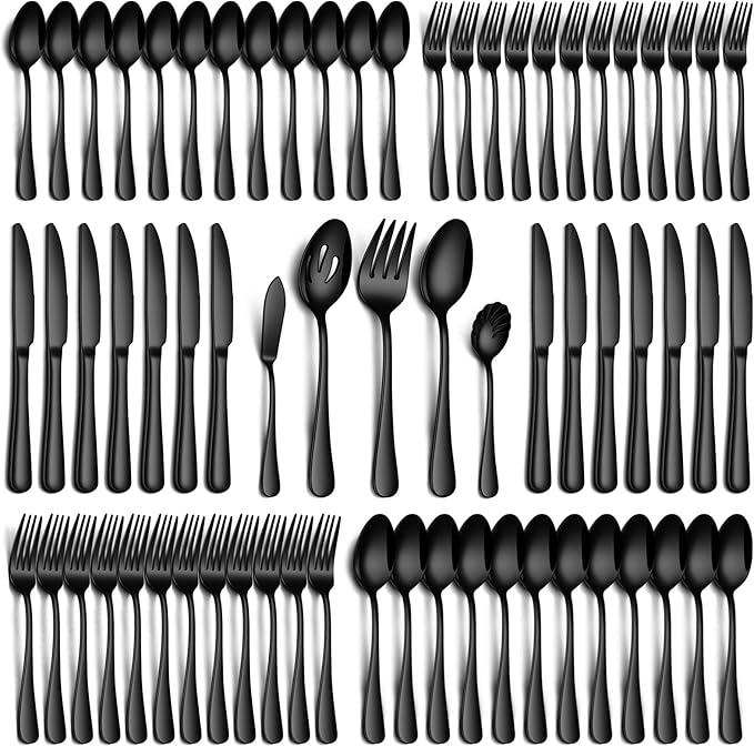 65 Piece Black Silverware Set with Serving Utensils, Stainless Steel Flatware Set for 12 Food Grade Cutlery Utensil Set Include Knife Fork Spoon Mirror Polished Dishwasher Safe