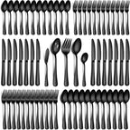 65 Piece Black Silverware Set with Serving Utensils, Stainless Steel Flatware Set for 12 Food Grade Cutlery Utensil Set Include Knife Fork Spoon Mirror Polished Dishwasher Safe