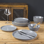 Famiware Saturn Dinnerware Sets for 4, 12 Pieces Stoneware Plates and Bowls Dish Set - Chip and Scratch Resistant, Microwave and Dishwasher Safe Tableware, Dark Gray