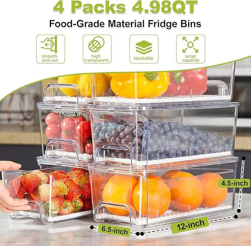 4-Pack Refrigerator Drawer Organizer Bins, Clear Stackable Pull Out Fridge Organizers and Storage Container, with Strainer Layer for Fruits, Vegetables, Drinks, Snack and Food