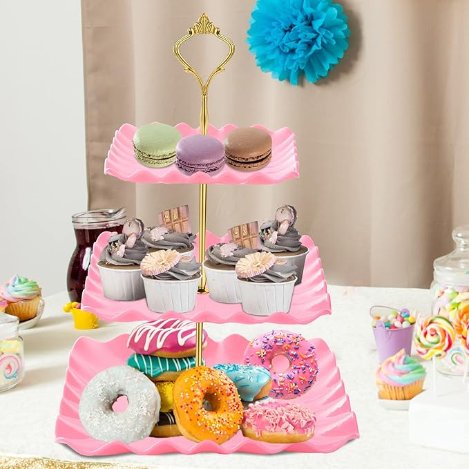 DAFURIET Dessert Cupcake Stand, 3 Tier Cup Cake Holder Tower for Tea Party/Birthday/Wedding, Plastic Tiered Serving Tray with Metal Rod, Pink