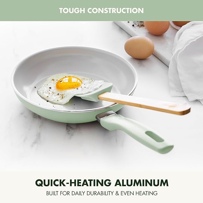 GreenPan Dover 8” Frying Pan Skillet with Spatula, Non-Toxic PFAS-Free Ceramic Nonstick Coating, Sear Saute Fry Egg Omlete, Dishwasher & Oven Safe, Stay Cool Handle, Easy Pour Rims, Pastel Green