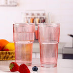 6PCS Pink Ribbed Glass Cups with Lids and Straws, 20oz Vintage Drinking Glasses, Aesthetic Iced Coffee Cups, Glass Tumbler for Boba, Beer, Tea, Cocktails, Ribbed Glassware Set (Pink-6)