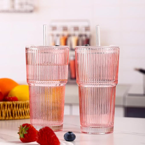 6PCS Pink Ribbed Glass Cups with Lids and Straws, 20oz Vintage Drinking Glasses, Aesthetic Iced Coffee Cups, Glass Tumbler for Boba, Beer, Tea, Cocktails, Ribbed Glassware Set (Pink-6)