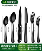 24-Piece Black Silverware Set with Steak Knives Food-Grade Stainless Steel Flatware Set for 4 Mirror Cutlery Dishwasher Safe Utensil Sets for Home Restaurant