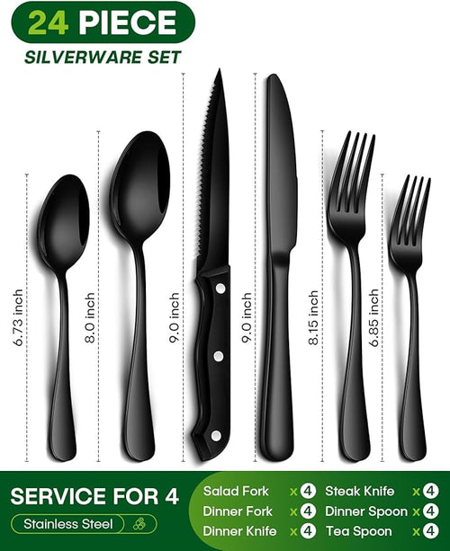 24-Piece Black Silverware Set with Steak Knives Food-Grade Stainless Steel Flatware Set for 4 Mirror Cutlery Dishwasher Safe Utensil Sets for Home Restaurant