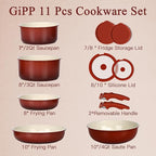 GIPP 11PCS Ceramic Pots and Pans Set Non Stick, Nonstick Cookware Set Detachable Handle, Red Black Gradien Pots and Pans Induction Kitchen Cooking Sets, RV Cookware Sets for All Stoves
