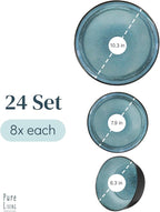 24 Piece Stoneware Dinnerware Set for 8 - Handmade Reactive Glaze Plates and Bowls Set - Chip & Scratch Resistant Dish Set - Dishwasher Microwave Safe - Black and Petrol Blue
