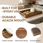 Acacia Wood Serving Tray with Golden Handles, 17 Inch Wooden Tray for Ottoman, Breakfast, Lunch, Dinner, Decorative Rectangular Tray for Living Room, Kitchen Counter, Outdoor