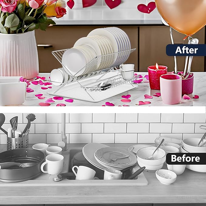 Stainless Steel Dish Drying Rack,Collapsible Dish Racks 2 Tier Foldable Dish Drainers for Large Capacity Wire Expandable