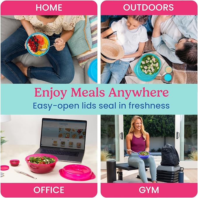 Bentgo Easyboxes Salad-to-Go Containers - 8-Piece Set: 4 Bowls, Leak-Proof Dressing Cups Built-In & 4 Fitted Lids Seal in Freshness; Reusable/BPA-Free for Salad, Pasta, & Cereal (Jewel Brights)