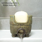 Ceramic Sponge Holder with Drainage, Rustic Farmhouse Sink Caddy Organizer, Self Draining Sponge Dish for Scrubbers, Soap & Brushes, Compact Kitchen Accessory, Keeps Counter Dry (Avocado)