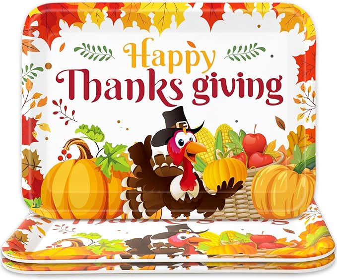 Whaline 3 Pcs Thanksgiving Day Serving Trays Turkey Pumpkin Maple Leaves Reusable Melamine Trays Platters for Fall Autumn Harvest Holiday Party Food Snack Dessert Decorations, 10 x 13 Inch
