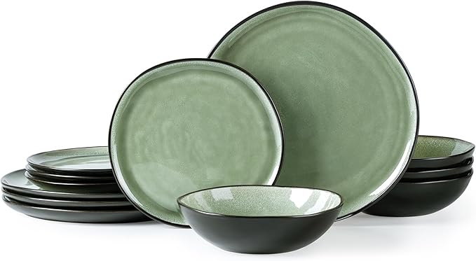 AmorArc Ceramic Dinnerware Sets,Handmade Reactive Glaze Stoneware Plates and Bowls Sets,Highly Scratch Resistant | Dishwasher & Microwave Safe Dishes Set,Service for 4 (12pc)