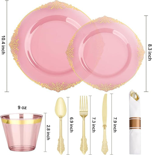Bestluck 350 PCS Burgundy and Gold Plastic Plates, Disposable Dinnerware Set for 50 Guests, 100 Disposable Plates, 150 Silverwares, 50 Cups, 50 Napkins for Wedding, Party, Graduation