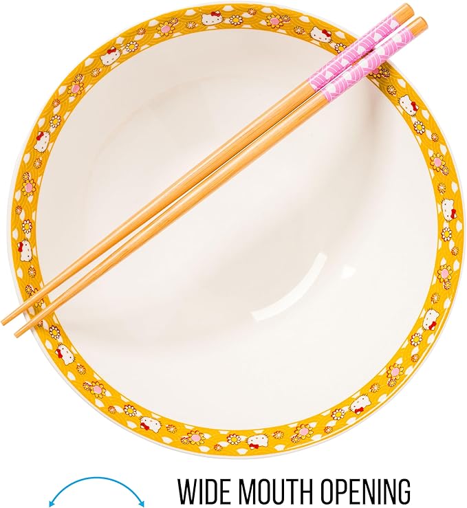 Silver Buffalo Sanrio Hello Kitty Pink and Gold Japanese Pattern with Flowers Ceramic Ramen Noodle Rice Bowl with Chopsticks, Microwave Safe, 30 Ounces