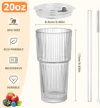 20oz Ribbed Glass Cups with Lids and Straws,4PCS Glass Tumbler with Straw and Lid, Iced Coffee Cups Drinking Glasses for Juice,Smoothies,Cocktail