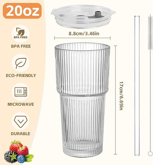 20oz Ribbed Glass Cups with Lids and Straws,1PCS Glass Tumbler with Straw and Lid,Iced Coffee Cups Drinking Glasses for Juice Whiskey Cocktail Beer