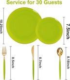 DaYammi 150Pcs Lime Green Plastic Plates & Gold Cutlery with Green Handle,green Disposable Plates with Gold Rim Include 30 Dinner Plate,30 Dessert Plate,30 Knives,30 Forks,30 Spoons for Party Dinner