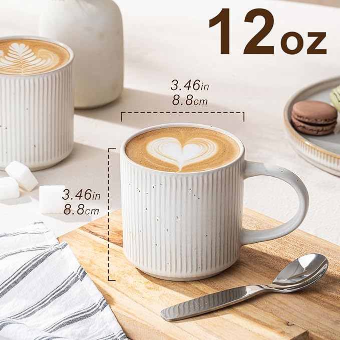 Coffee Mug Set for 4-12oz Ceramic Stoneware Mugs for Coffee, Tea, Cocoa, Microwave & Dishwasher Safe, Speckled White